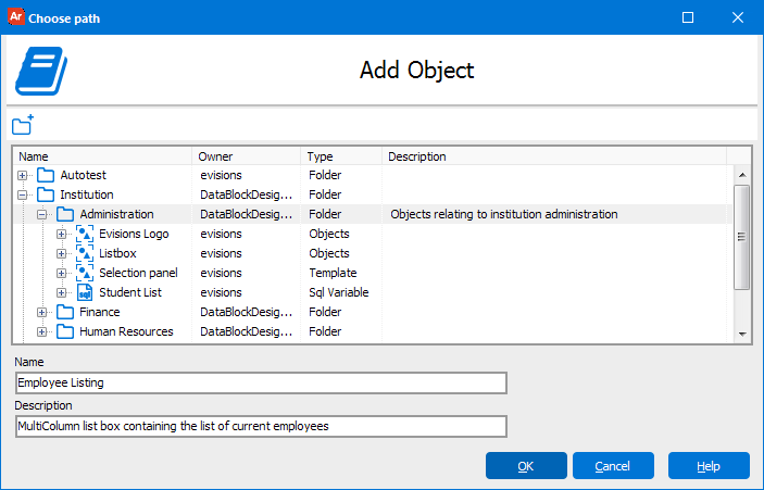 Choose Path dialog where you can select a location for the new object and enter a name and description.